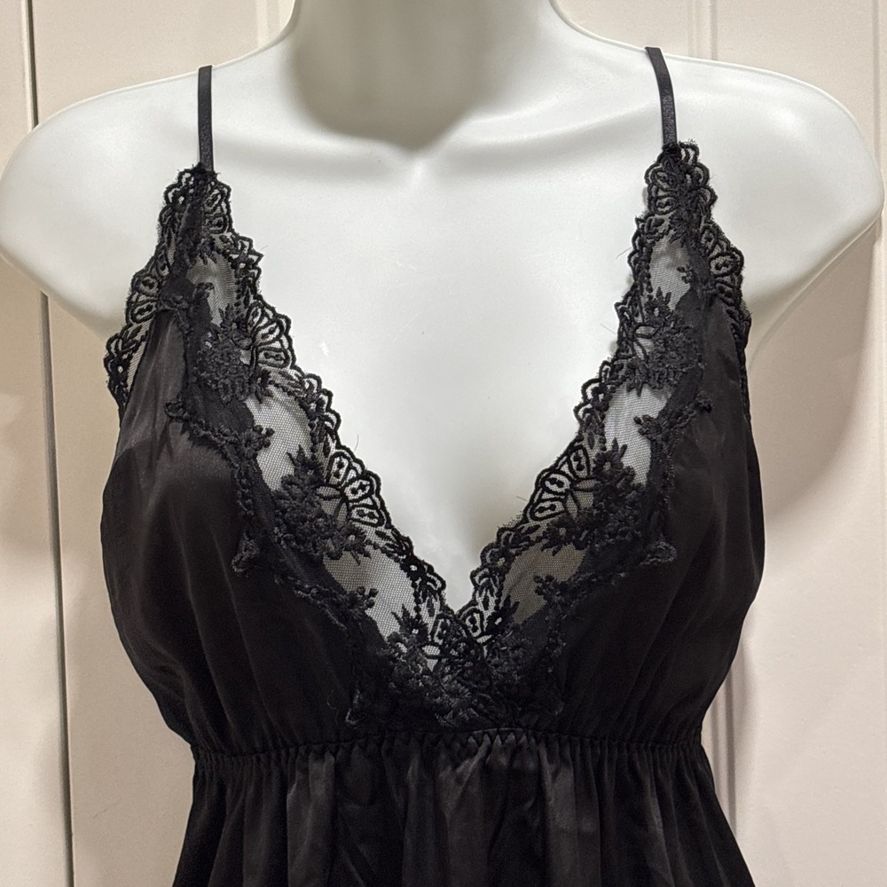 Slip Dress Nightie Nightgown black  satin lace Large EUC Elastic Waist - Picture 4 of 11